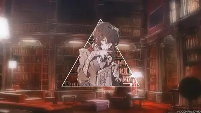 Character is reading within triangle frame in dim vintage library atmosphere