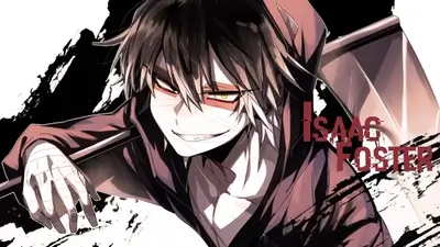 Character Isaac Foster with a scythe, a psychotic grin, and bandaged face
