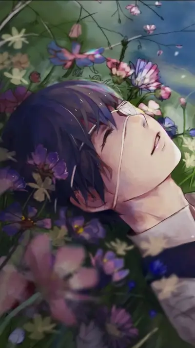 Character lies peacefully in a flower garden, eyes closed with a bandage