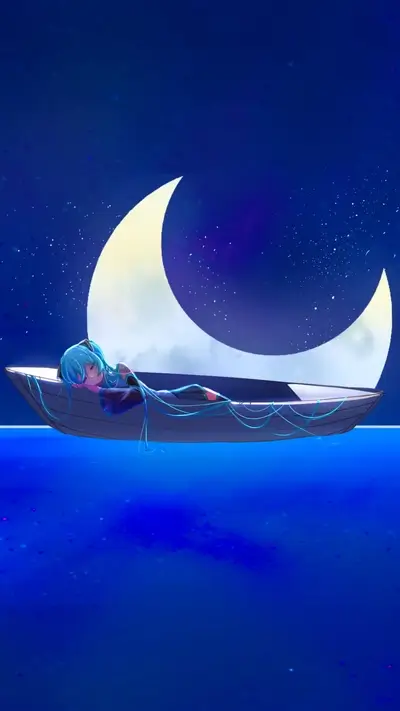 Character lying in a boat, moon and stars present