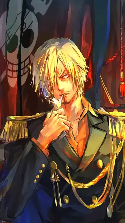 Character portrait: blond hair, smoking, military style, flag backdrop