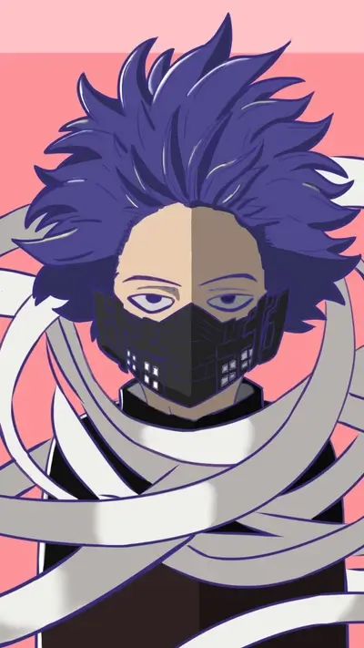 Character portrait featuring spiky violet hair, mask, wrapped in ribbon on a pink background