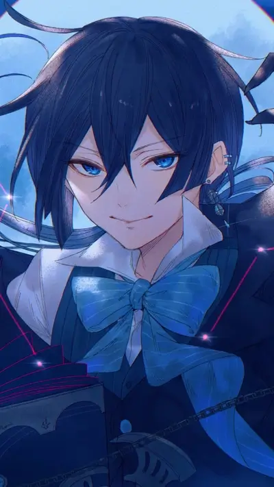 Character portrait with blue hair, blue eyes, white shirt and bow, black jacket