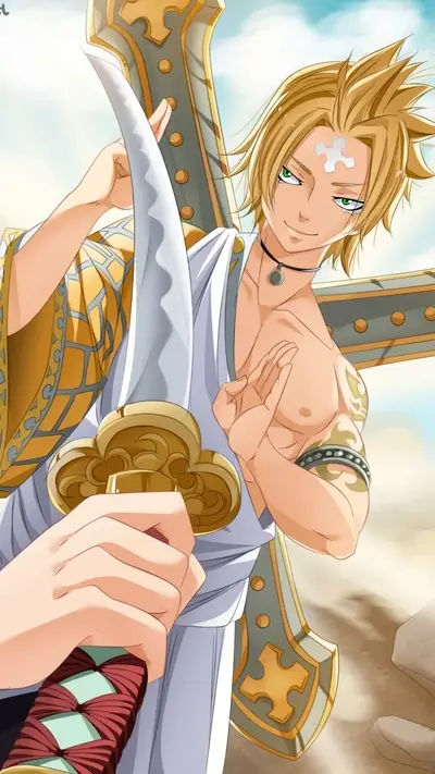 Character posing with sword and wearing white outfit, mysterious tattoo and a puzzle piece