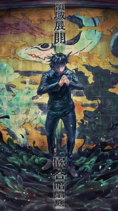 Character ready in dark, green, with symbolic art behind