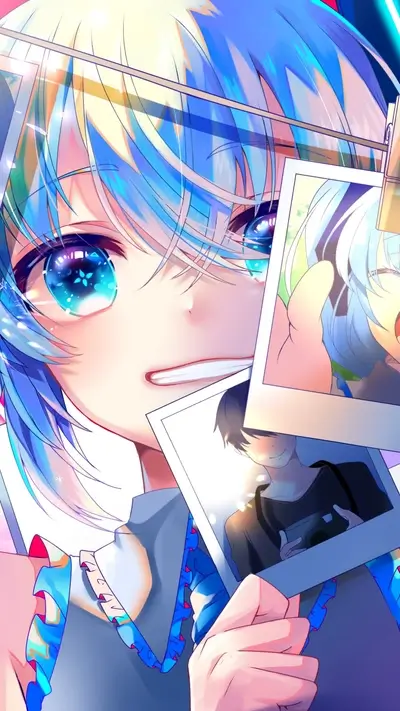 Character showing photos, big eyes, blue hair, light reflections, tearful expression