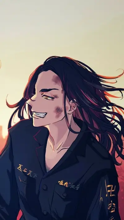Character smiles with wind blowing through dark hair