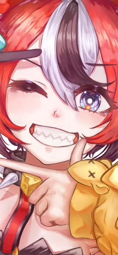 Character smiling widely with pointy teeth and winking with rainbow eye