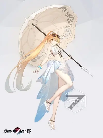Character stands elegantly with parasol in beach attire, showcasing charm