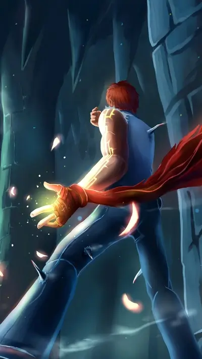 Character summoning magic, stands in cave, glowing hand with magic energy