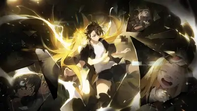 Character surrounded by glowing energy and broken glass fragments with other characters visible