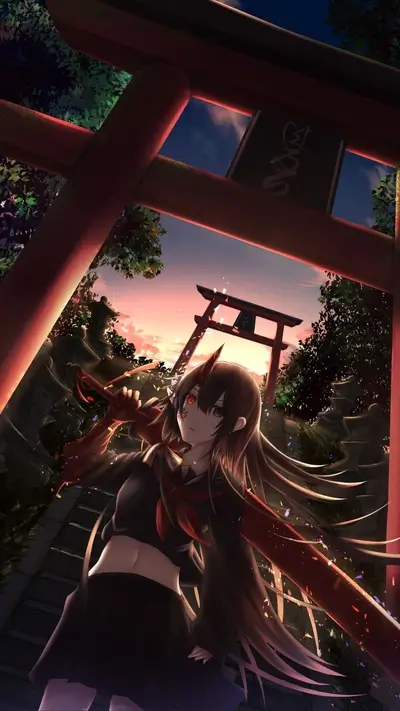 Character under Shinto shrine gate with weapon, against sunset sky.