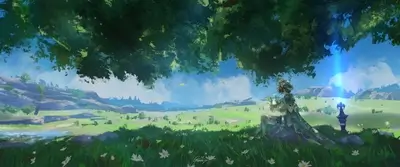 Character under tree, a vibrant landscape with mountains, green fields, and a radiant blue beam of light