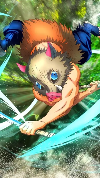 Character wearing a boar mask charging forward with swords