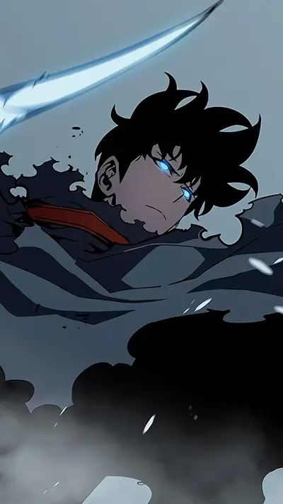 Character wielding a glowing blade, dark clothing, smoky background