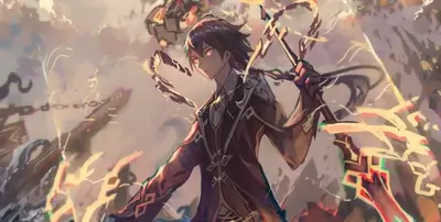 Character wielding weapon, rocky landscape, floating object, light effects, and otherworldly aura.