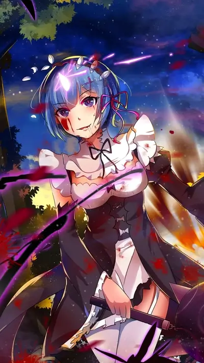 Character with a horn in bloody scene, holding spiked weapon