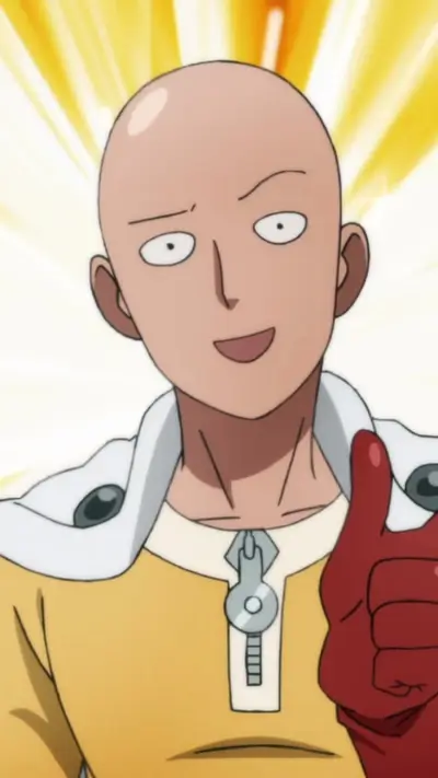 Character with bald head and yellow superhero suit giving a thumbs up