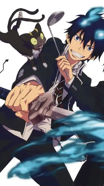 Character with black cat, ladle, and sword, grinning with blue flames