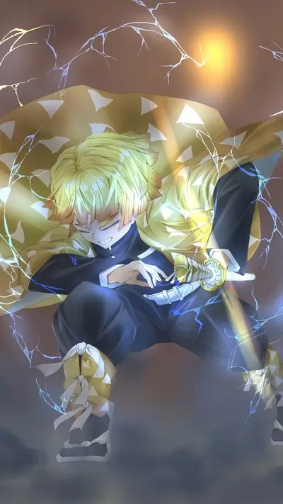 Character with blonde hair, yellow haori, preparing to strike