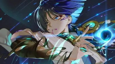 Character with blue hair and eyes casting magic or using elemental powers