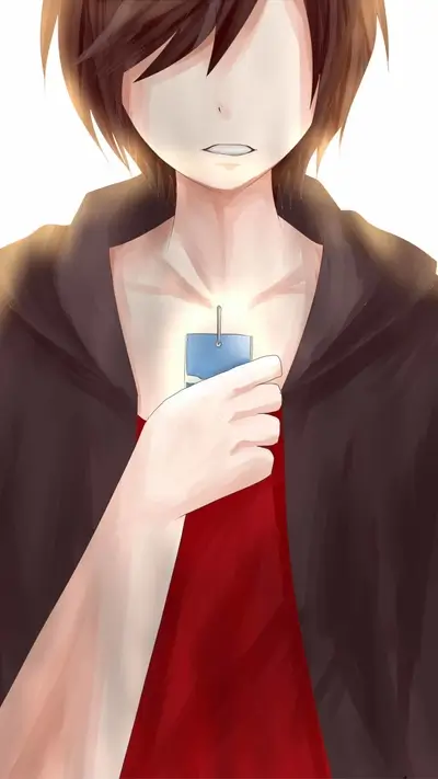 Character with dark hair, holding something bright, standing in front of white