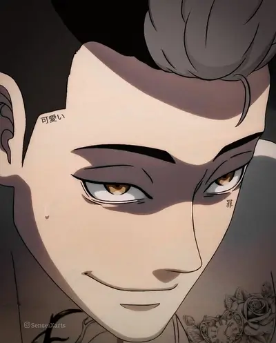 Character with dark hair, tattoos, intriguing smile, and kanji symbols on the face