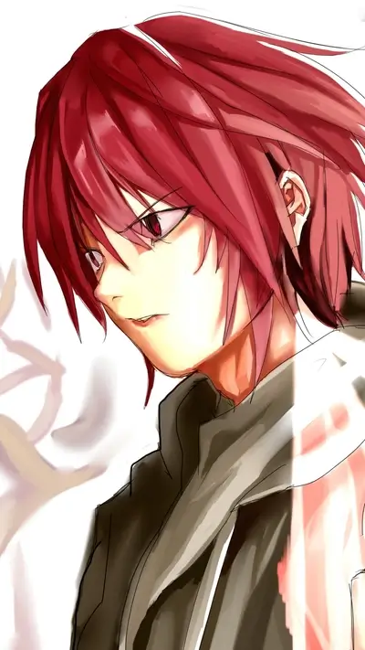 Character with determined gaze, short red hair, wearing a dark jacket