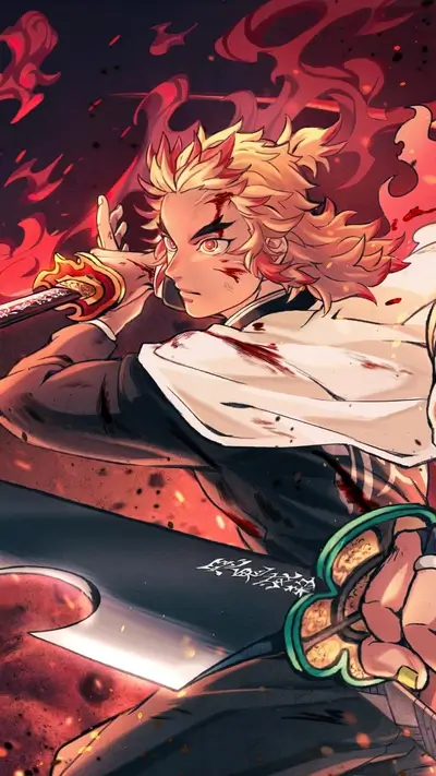 Character with fiery hair, bloodied, wielding two swords in a dynamic pose