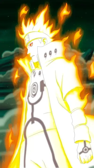 Character with flames, nine tomoe marks, and attire.