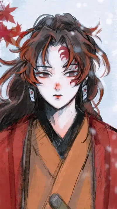 Character with flowing hair, red markings on face, determined look