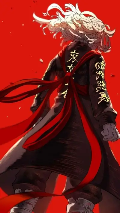 Character with flowing white hair wearing black coat on red background