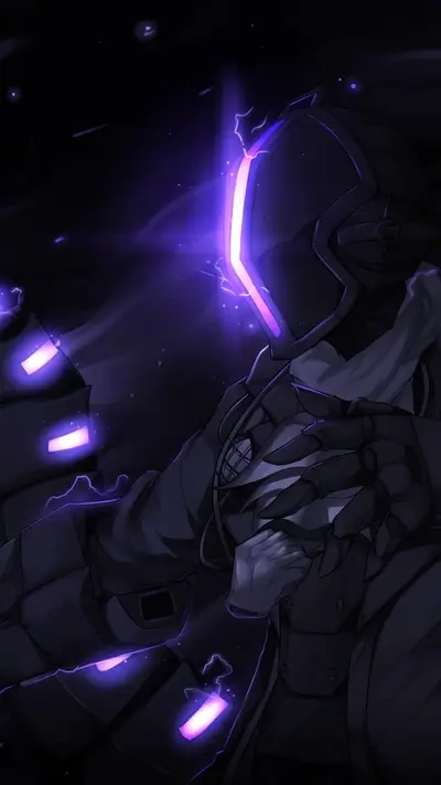Character with futuristic helmet, glowing lights, and shadowy attire in dark surrounding