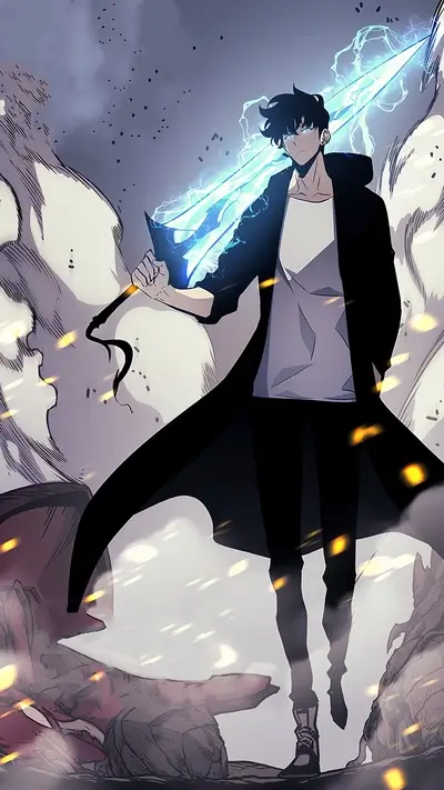 Character with glowing sword stands triumphantly amidst chaos