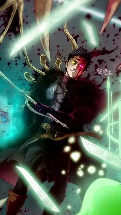 Character with horns surrounded by swords, book, and dark aura