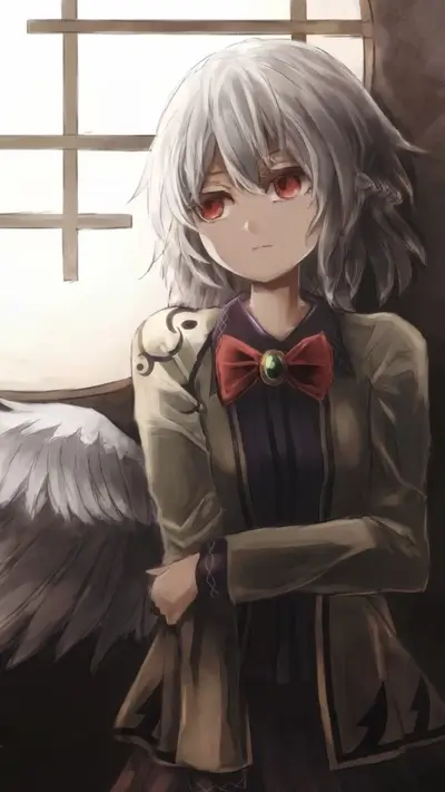 Character with pale hair, red eyes, wings, and a red bow standing in a window light