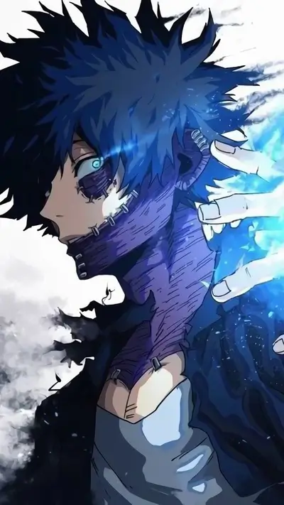 Character with patched face and glowing blue flames
