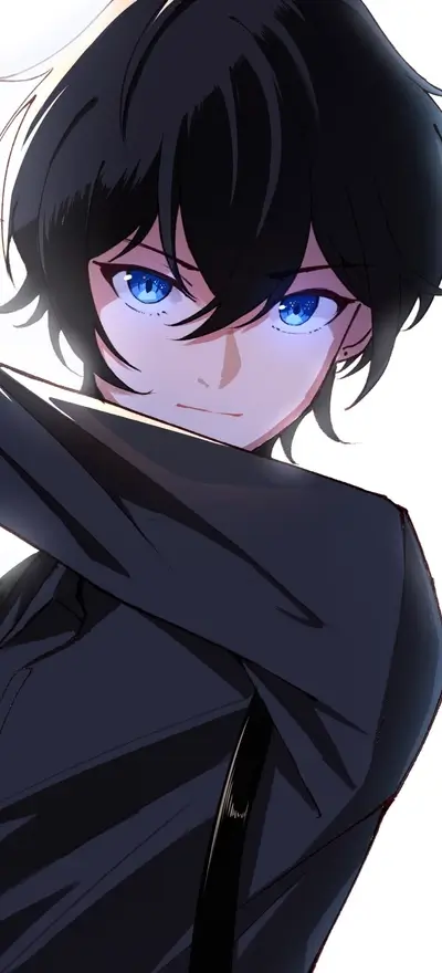 Character with piercing blue eyes, framed by dark hair and dark clothes.