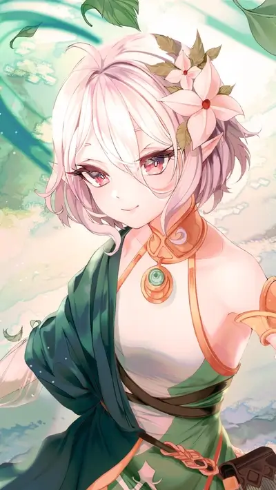 Character with pink hair, flower, and green dress