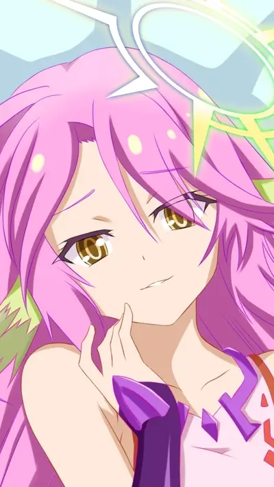 Character with pink hair, halo, and a gentle smile looking at the viewer