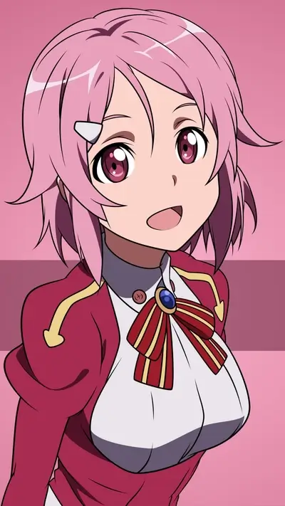 Character with pink hair, wearing red and white outfit