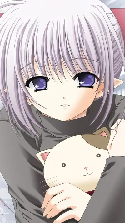 Character with purple eyes is holding a plush cat