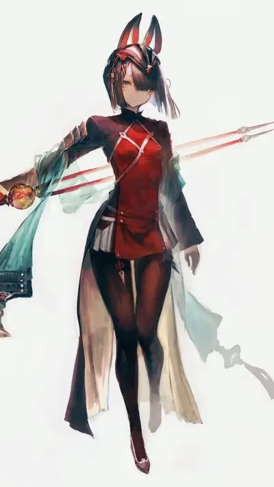 Character with rabbit ears, red and black outfit, holding weapons