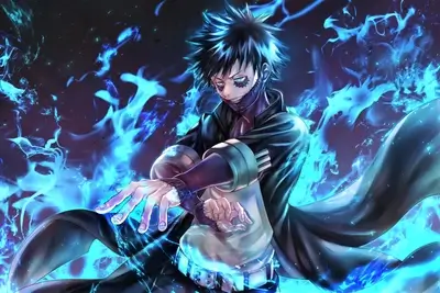 Character with scarred skin amidst vibrant blue flames, striking pose.