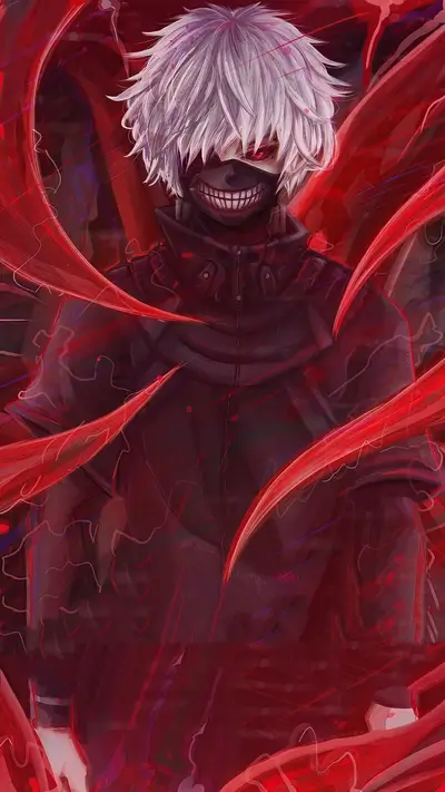 Character with white hair and mask, surrounded by red tendrils