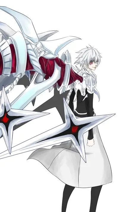 Character with white hair and unusual weapon