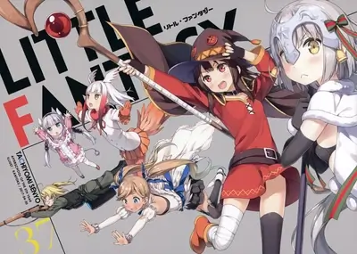 Characters are in fantastical attire and poses against a light gray background, possibly from a manga cover.