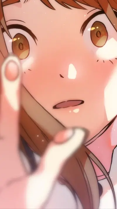 Character's face close up, with a hand reaching out, with surprised expression.