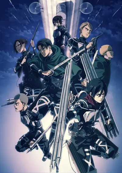 Characters from Attack on Titan stand with weapons and fighting gear
