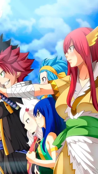 Characters from Fairy Tail looking ahead with determination and camaraderie